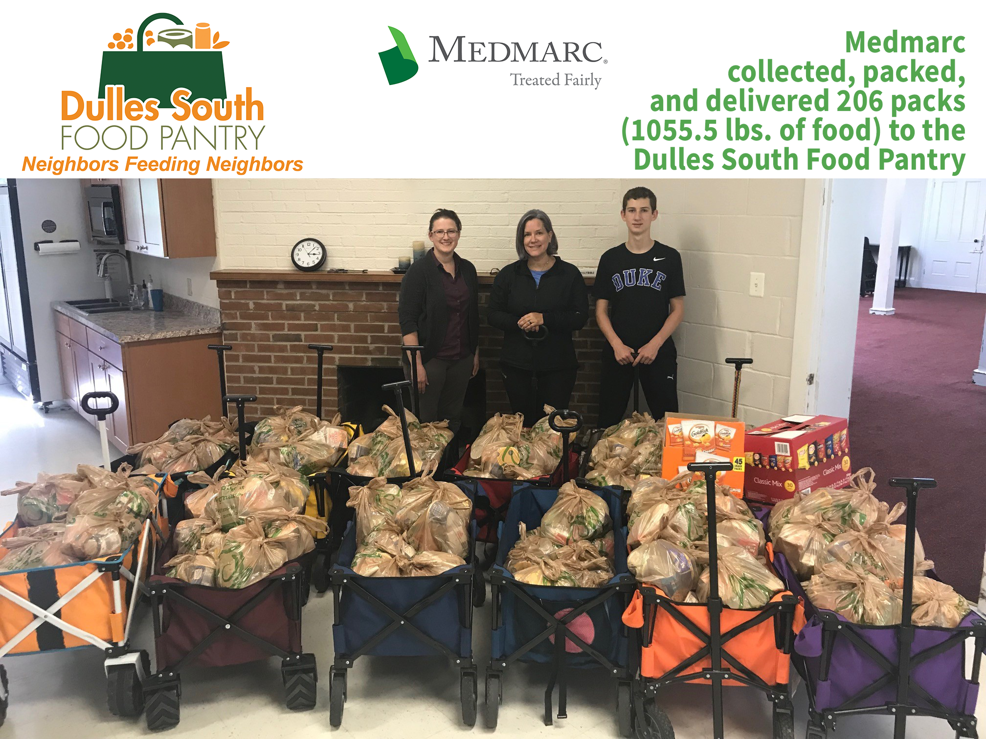 Members of the MedMarc team in Chantilly, VA delivered 206 packs of food to the Dulles South Food Pantry.  