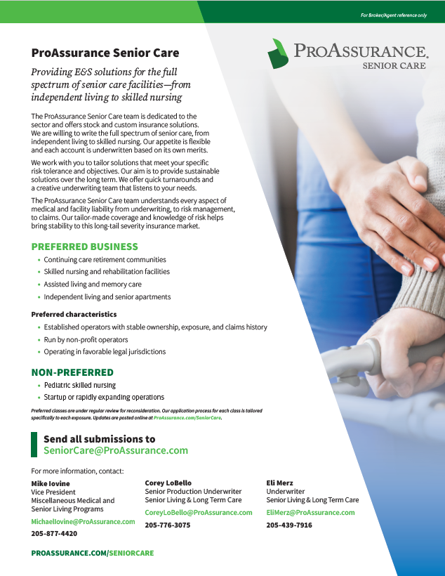 ProAssurance Senior Care core business flyer